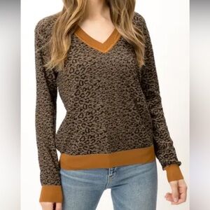 Scotch & Soda Long Sleeve Wool-Cotton Blend Knit‎ Sweater Leopard Print V Neck